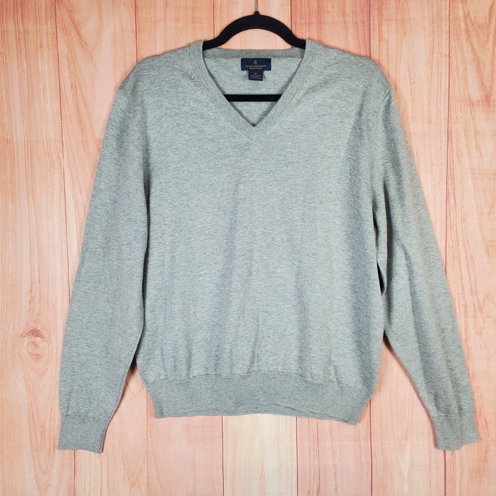 Brooks Brother‎ Mens Sweater Sz Medium Gray Heather Long Sleeve V-Neck Pullover